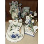 A collection of Rye Pottery 'Canterbury Tale' figures, two modern ceramic geisha figures and