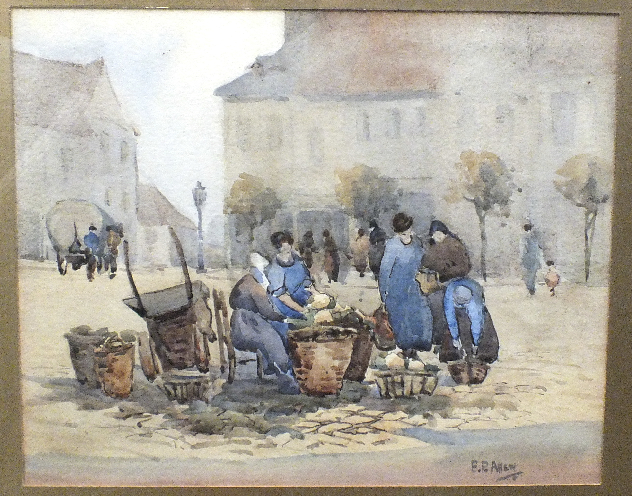 E P Allen, 'Figures in a market square', signed watercolour, 25.5 x 31.5cm, W A D King, 'Landscape