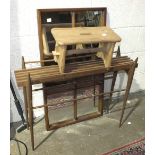 A 1970's teak-framed rectangular mirror, 51cm wide, 88cm high, a 1970's plant stand and a pine