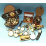 A gold-plated keyless pocket watch and two silver-cased key-wind pocket watches, (none working), a