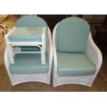 A pair of painted rattan armchairs with loose cushions and a matching stool, (3).