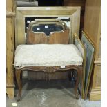 A walnut-framed upholstered seat stool on cabriole legs, a gilt frame triptych mirror, a gilt