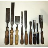 A collection of 8 firmer chisels, gouges by Peter Ross, Stormont and others and a Marples sash