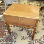 A G-Plan rectangular hardwood single-drawer table, on brass-capped square legs, 54cm wide, 53cm