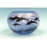 Malcolm Sutcliffe (20th century), a studio blue glass bowl decorated with dolphins, etched signature