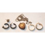 A 9ct gold locket on gold chain, two pairs of 9ct gold earrings and a single gold earring, 9.9g, (