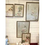 A collection of five 20th century Oriental silk-work pictures depicting birds.