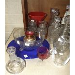 Modern glass decanters, two glass pickle jars and covers, other glassware and ceramics.
