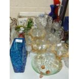 A pair of glass bowls in the form of swans, a Whitefriars-style blue glass textured vase and other