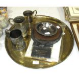 A circular brass Benares tray, 49cm diameter, (no stand), a small collection of Wrigleys ephemera,