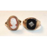 A 9ct gold ring set cameo and a 9ct gold onyx-set ring, 7.4g, (2).