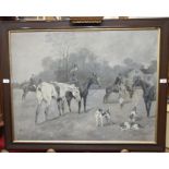 An early-20th century monochrome oil painting, 'The Hunt meet', unsigned oil on canvas, 67 x 87cm,