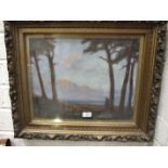 H Johnson?, 'Figures standing beside pine trees in a landscape', indistinctly-signed oil on