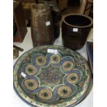 A Faience decorated shallow bowl, 36.5cm diameter, 9cm high, two pottery vases and a jug, (4).