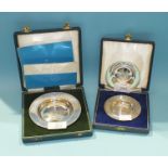 A silver 'The Mayflower Dish', 11cm diameter, London 1969, boxed and two similar smaller dishes, 7.