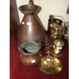 A 2-gallon copper measure, a clockwork spit roast by Jonathan Linwood, (a/f) and other metal ware.