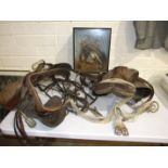 Two leather saddles, two metal saddle racks and other items.
