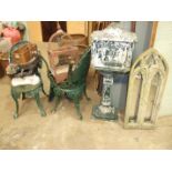 An alloy post box on pedestal column, three alloy garden chairs and other items.