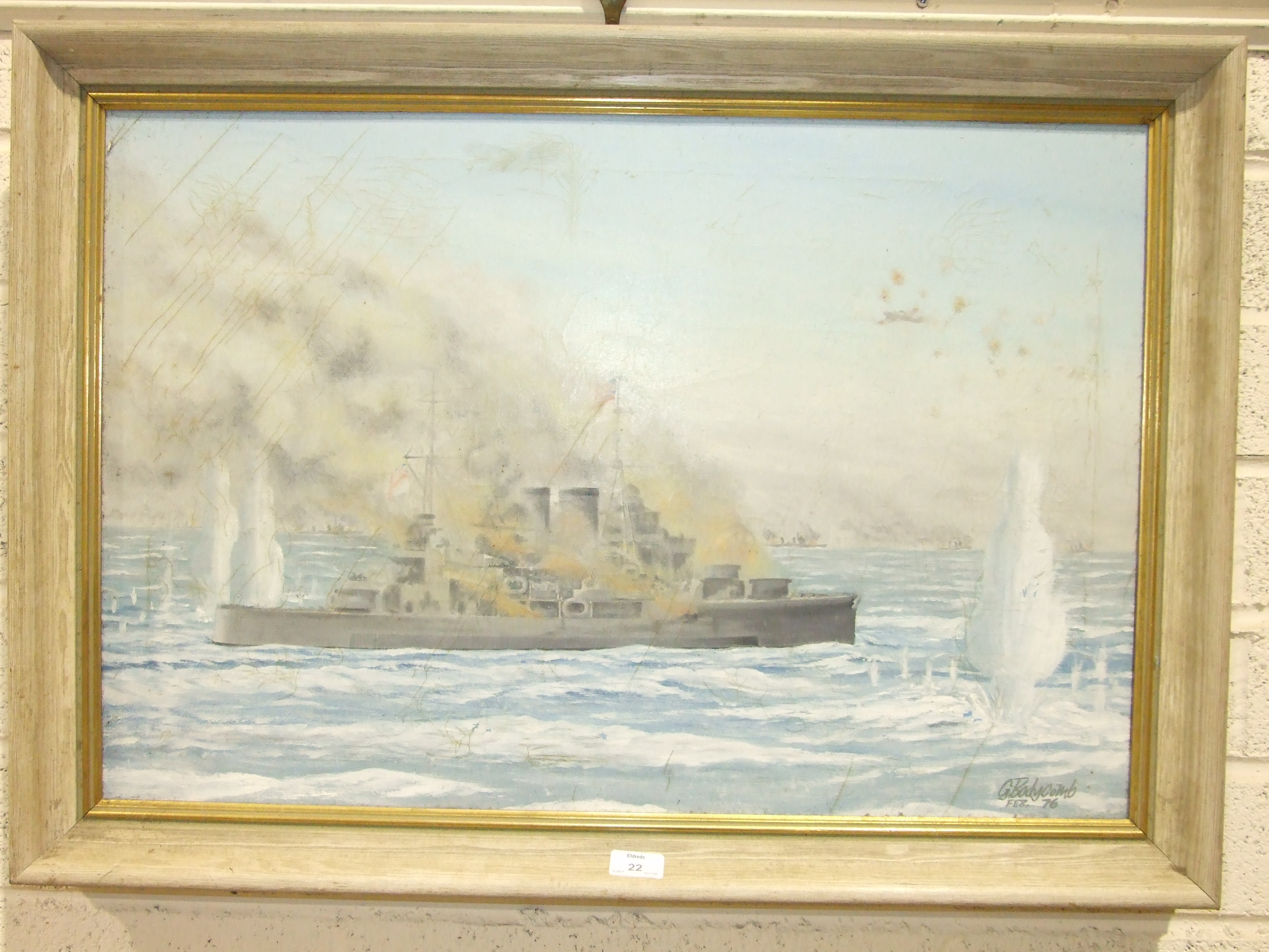 G Bodycomb, 'A warship under fire, with fleet in background', signed oil on canvas and dated '76, 49