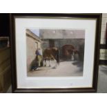 J Stoyle?, 'Shire horses in farmyard', a limited-edition coloured print, 30/500, 42 x 49.5cm and a
