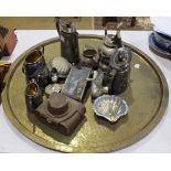 A brass circular Benares tray, plated tea services, other metalware, two cameras and miscellanea.