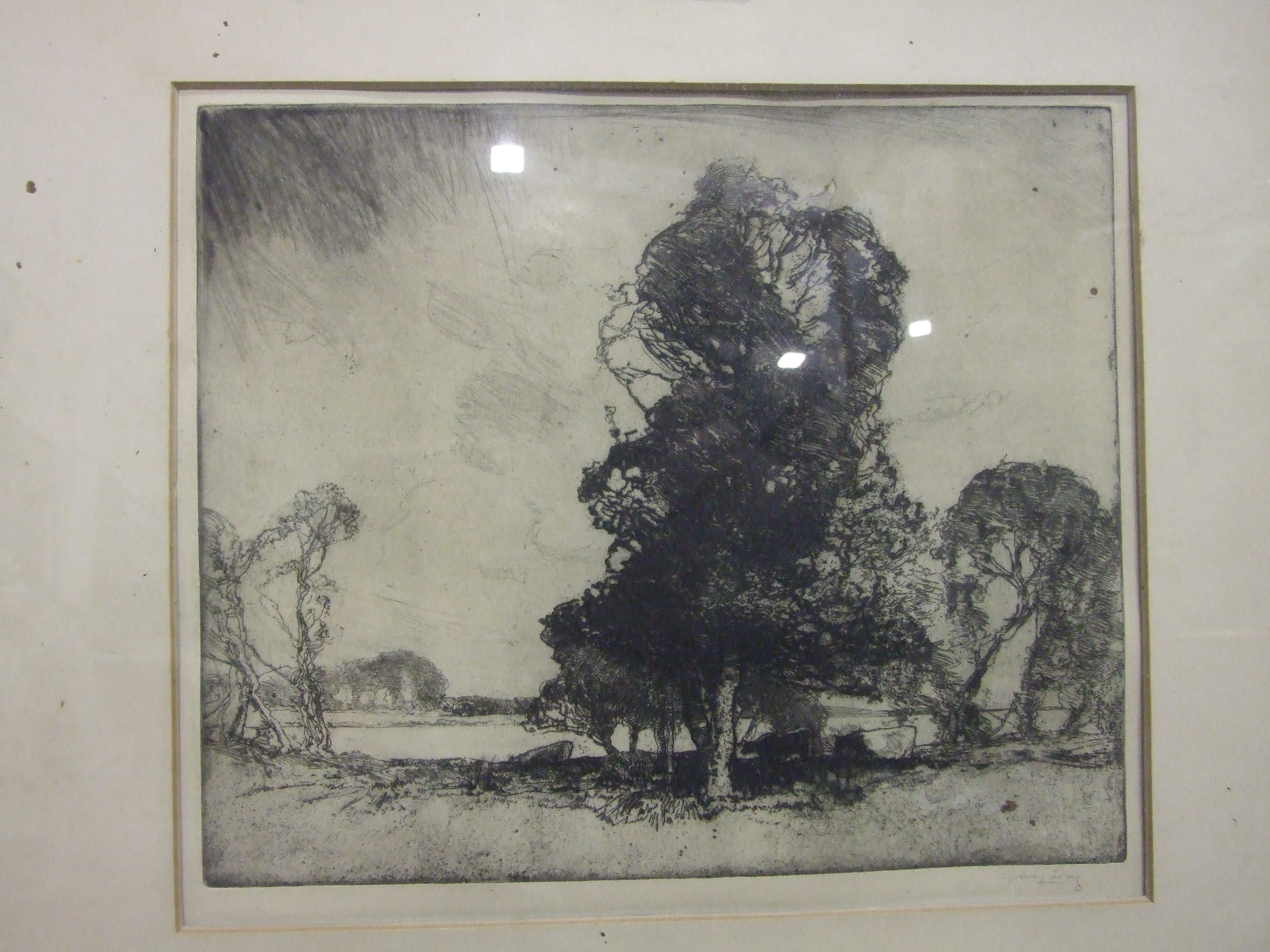 Sydney Long (Australian 1871-1955), 'Trees and cattle in a lakeland scene', a signed etching, 26.5 x