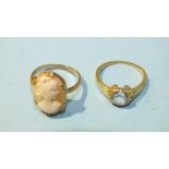 A 9ct gold ring set cameo, size L, 2.8g and an 18ct gold ring set white stone, (a/f), size K, 2.