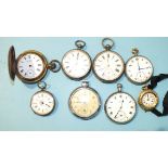 Four silver-cased open-face pocket watches, a lady's gold-plated pocket watch converted to a wrist