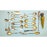 A collection of 19th century and later silver teaspoons, salt spoons and a gilt glass scent