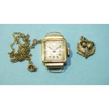 An 18ct gold-cased wrist watch, (case 2.4g) and a 9ct gold thistle pendant on chain, 2g.