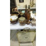 A brass and glass-mirrored fire screen, various cedar wood candlesticks, lamp holders, mantle