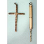 A modern engine-turned silver cigar piercer and a silver cross pendant, 55 x 32mm, (2).