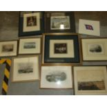 A collection of eight framed coloured book plate engravings of various locations, and others.