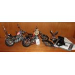 Two Franklin Mint Harley Davidson Chopper motorbike models and other Harley Davidson items.