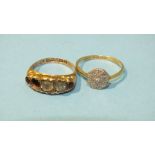 A small 18ct gold ring set diamond point, size L, 1.8g and a 9ct gold ring set three (of four) paste