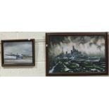 T J Oswald, 'Wet Runway, a Blackburn Beverley C I landing', signed oil on board, 30 x 39cm and J E