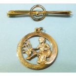 A 9ct gold zodiac pendant 'Aquarius' and a small 9ct gold bar brooch, (a/f), total weight 3.5g, (