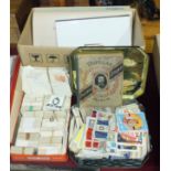 A collection of cigarette, tea and other trade cards, a small collection of postage stamps and other