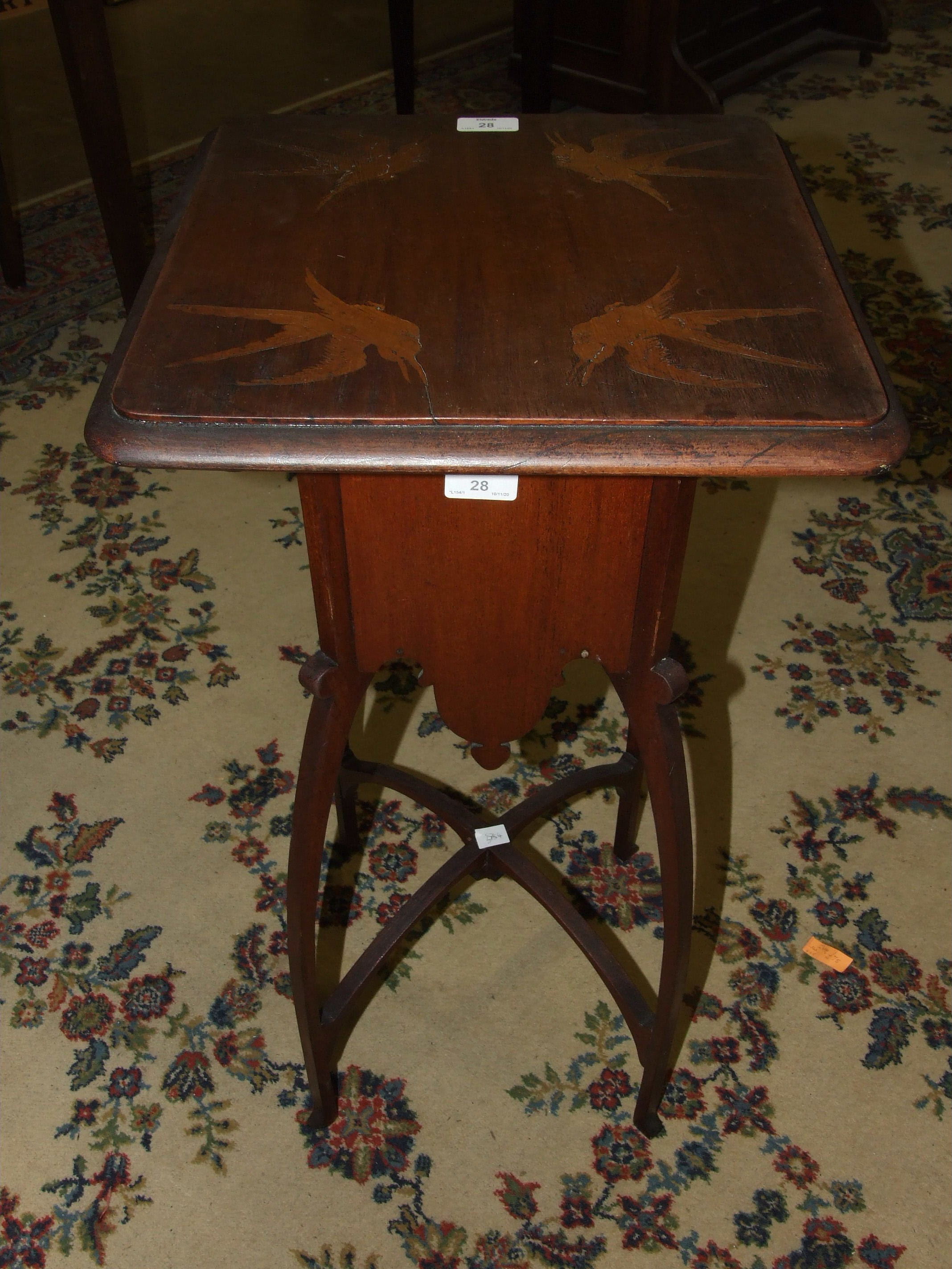 An Art Nouveau-style hardwood plant stand, the top inlaid with birds, on shaped legs and stretchers, - Image 2 of 2