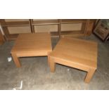 A pair of modern oak block-built low coffee tables, 70cm square, (2).