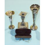 Two damaged silver spill vases, a plated loaded candlestick and a pair of gold-plated pince nez.