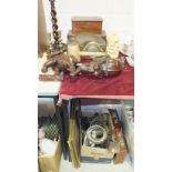 An Elliot mantel clock in oak case, 13cm high, an olive barrel-shaped maul, metal ware and