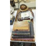 Two leather-bound late-Victorian Holy Bibles, an oak tray, a small collection of greeting cards, two