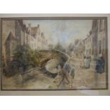 E Pratt, '19th century Continental street scene with figures', a signed watercolour, 38 x 59cm, (