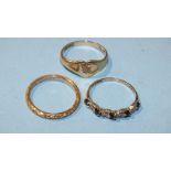 A 9ct gold signet ring set diamond point, size M, a 9ct gold wedding band, size O and a sapphire and