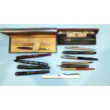 Two Sheaffer fountain pens, a Lindauer fountain pen, a silver 'Yard-O-Led' propelling pencil,