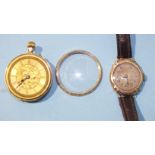 A lady's continental 18k gold cased keyless pocket watch, 3cm diameter, 22g (in poor condition)