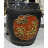 A Chinese wooden barrel-shaped container, metal-bound and studded, decorated with panels of figures,