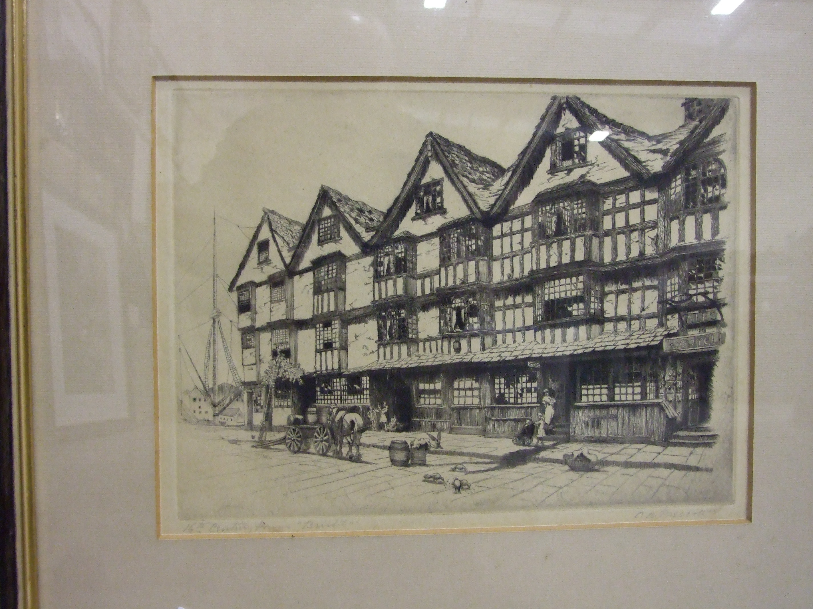 After C B Prescott, '16th Century Houses, Bristol', a framed etching, signed and titled with