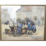 E P Allen, 'Figures in a market square', signed watercolour, 25.5 x 31.5cm, W A D King, 'Landscape